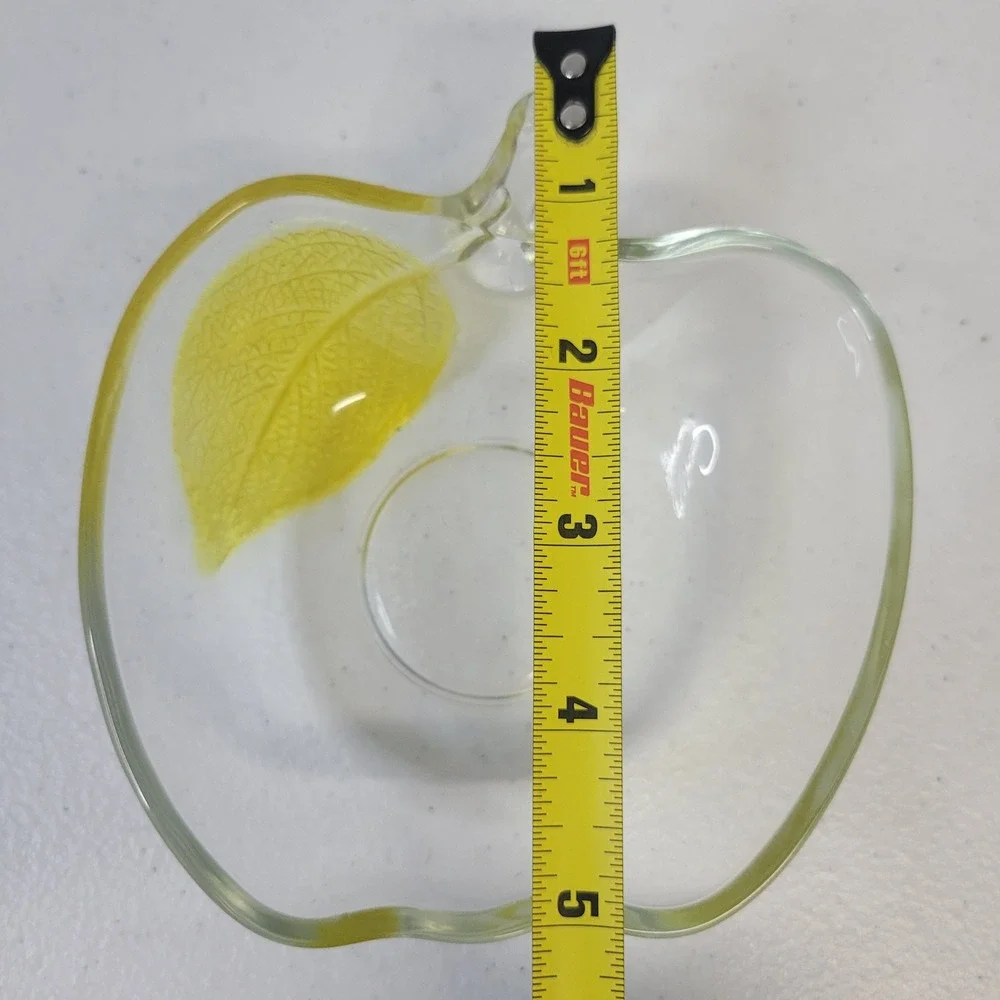 Vintage Apple Shaped Clear Glass Small Bowl Yellow Leaf‎ Detail Trinket Dish